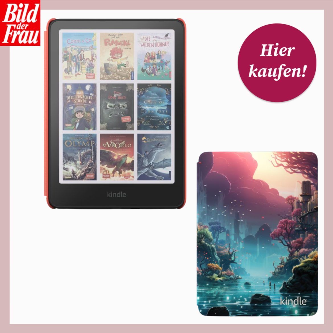 Ein roter Kindle zeigt neun bunte Kinder- und Jugendbuchcover, daneben ein Gerät mit fantasievoller, leuchtender Traumlandschaft. | © Canva/Amazon/Collage:bildderfrau.de