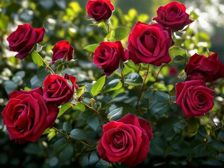 Üppige rote Rosenblüten an grünen Sträuchern leuchten im Sonnenlicht in einem sommerlichen Garten.
