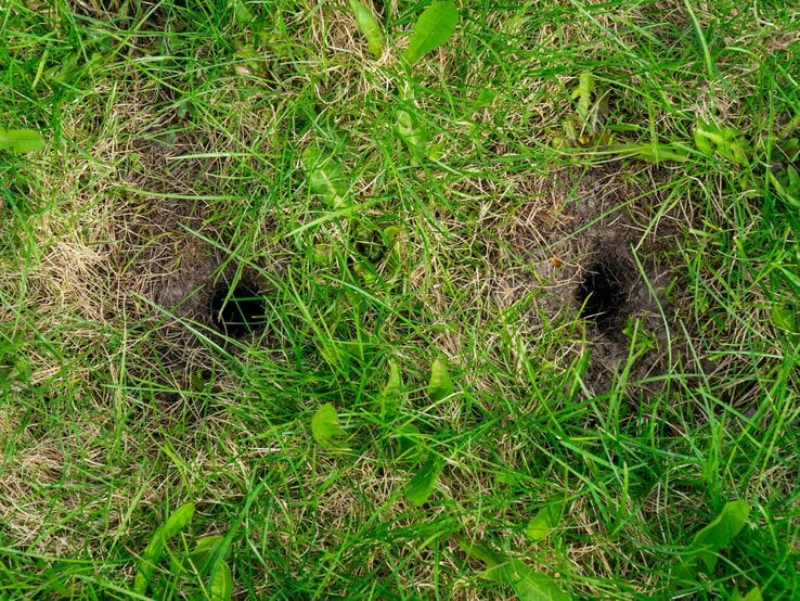 Zwei dunkle Löcher im grünen Rasen mit vertrockneten Grasstellen und einzelnen Blättern.