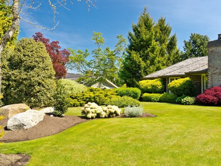 Grün bepflanzter Vorgarten mit gepflegtem Rasen, blühenden Sträuchern, Ziersteinen und einem Backsteinhaus unter blauem Himmel.
