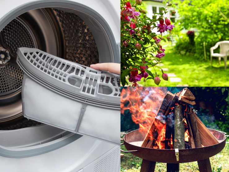 Eine Hand entfernt den Flusensieb aus einem Trockner, daneben blühen pinke Fuchsien vor einem grünen Garten mit Plastikstuhl.