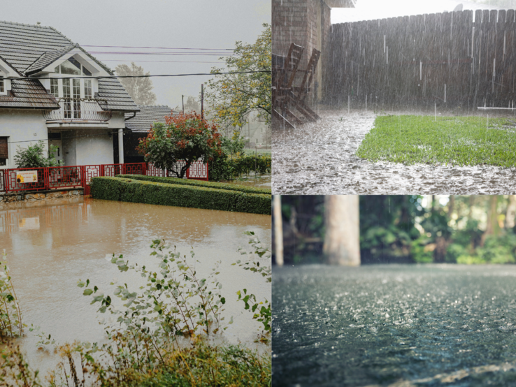 Starkregen überflutet Vorgarten eines Einfamilienhauses mit roten Zaunelementen, trüber Himmel und nasse Gehölze im Vordergrund.