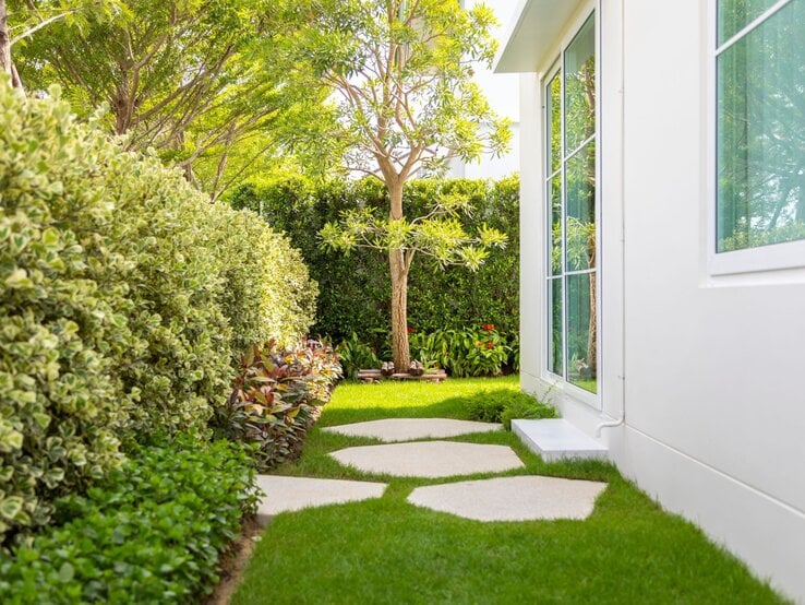 Schmaler, sonniger Gartenweg mit weißen Trittplatten zwischen Hecke und modernem Haus mit großen Fenstern.