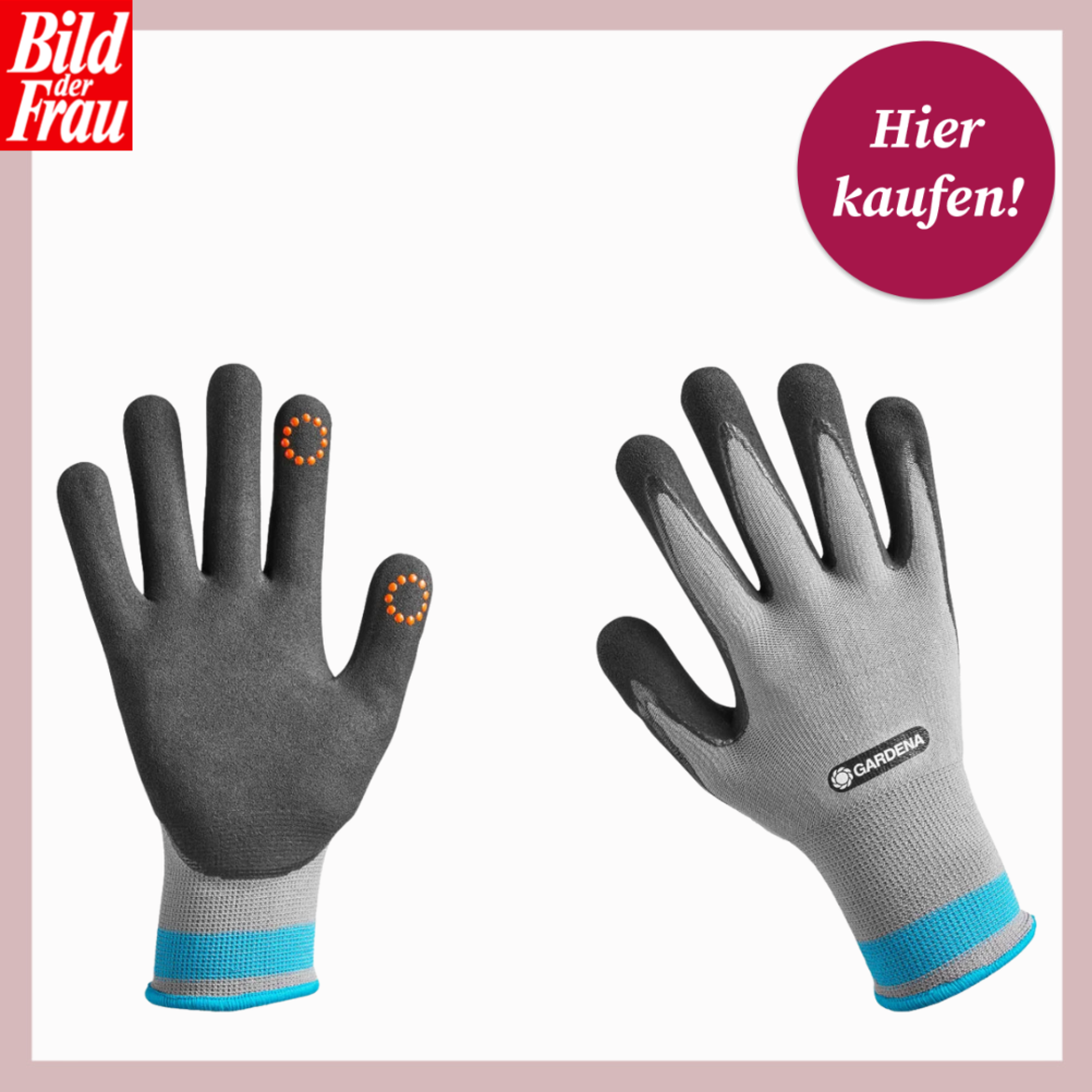 Ein Paar schwarze Gartenhandschuhe mit grauer Manschette, Touchscreen-Punkten und Gardena-Logo auf weißem Hintergrund. | © Lidl/Canva/Collage: bilderfrau.de