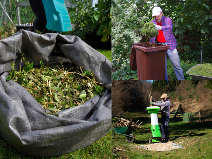 Zwei Männer zerkleinern Äste mit Häckslern und befüllen im Garten Säcke und eine Biotonne mit frischem Grünschnitt.