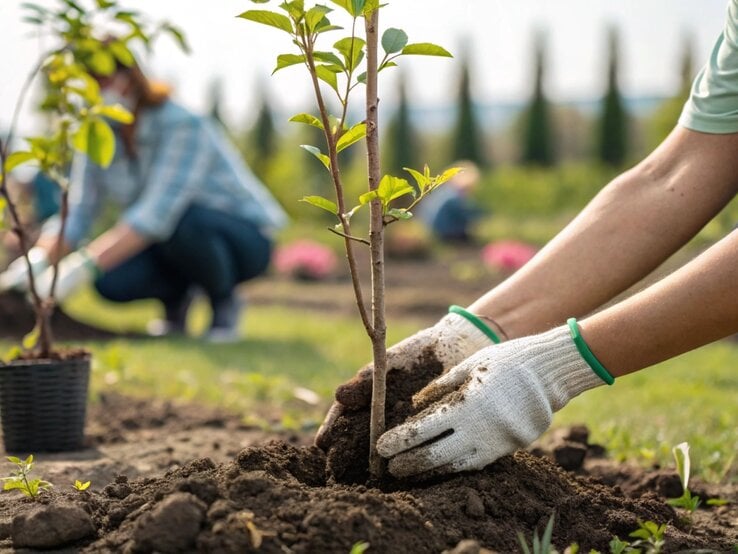 Zwei Personen mit Gartenhandschuhen pflanzen bei Sonnenschein junge Bäumchen in lockere Erde auf einer grünen Wiese.