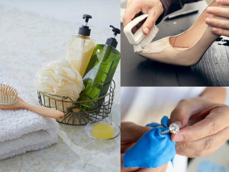 Drei Pflegeszenen: Duschgel und Bürste auf Handtüchern, Schuhreinigung mit Bürste, Hand poliert funkelnden Diamantring.