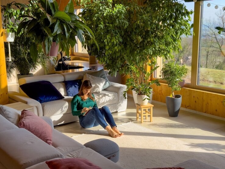 Junge Frau mit braunen Haaren sitzt barfuß lesend in der Sonne auf einem Teppich, umgeben von großen Zimmerpflanzen.