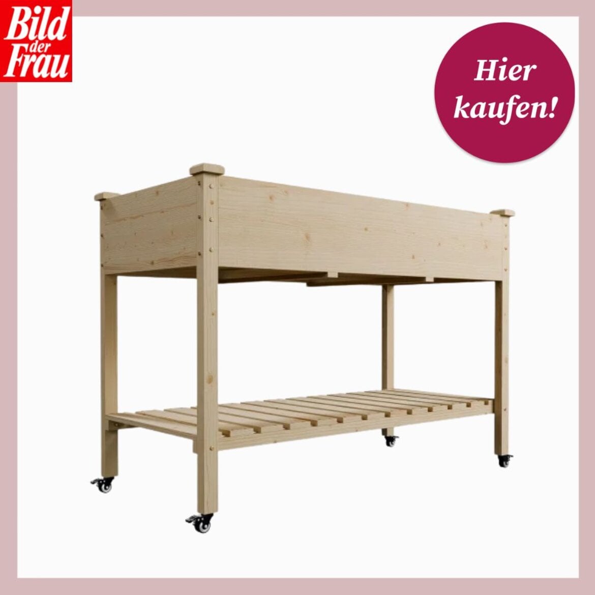 Hohes Hochbeet aus hellem Holz mit Ablagefläche und vier Rollen, freigestellt vor weißem Hintergrund. | © OBI