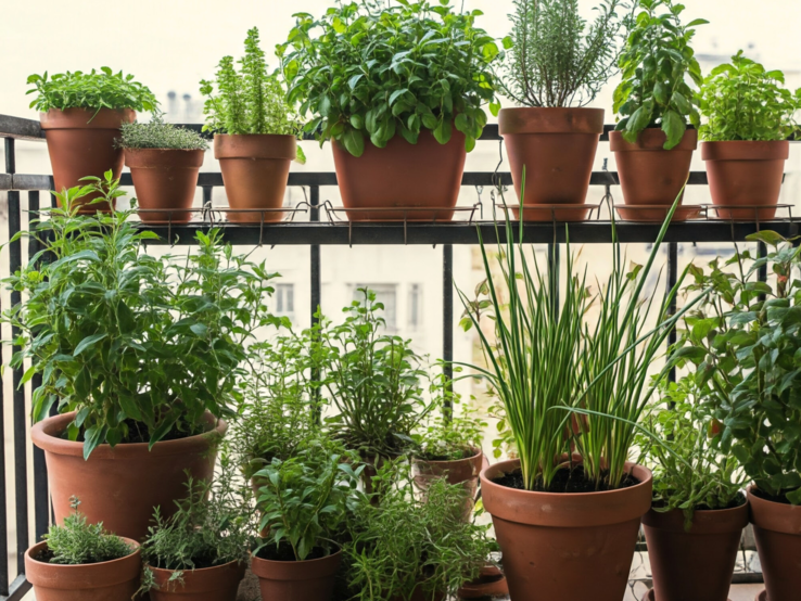 Üppige Kräuter wie Basilikum, Schnittlauch und Rosmarin wachsen in Terrakottatöpfen auf einem sonnigen Stadtbalkon.