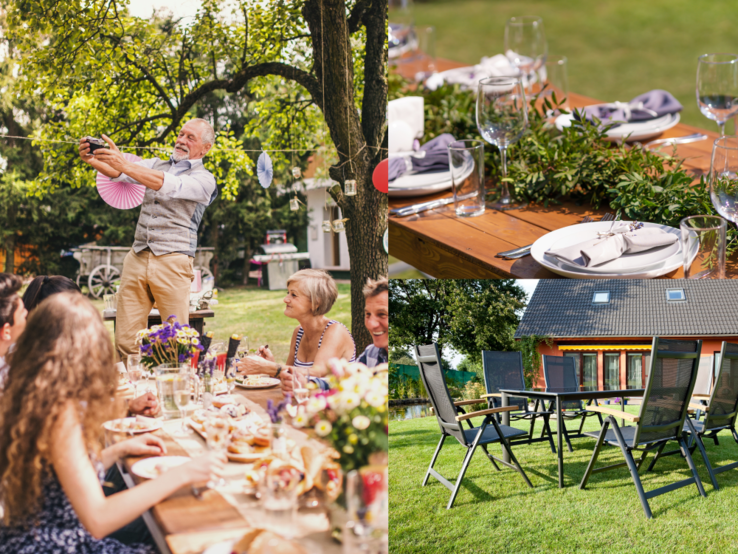 Fröhliche Gartenfeier mit lachendem älteren Mann, festlich gedecktem Holztisch und leeren Gartenstühlen vor modernem Haus.
