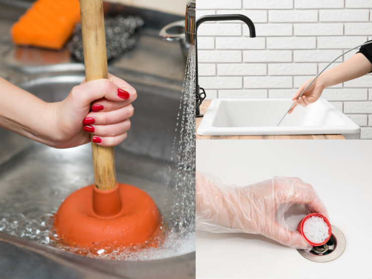 Frau mit roten Nägeln reinigt verstopftes Spülbecken mit Gummisauger, daneben zwei weitere Methoden zur Abflussreinigung.