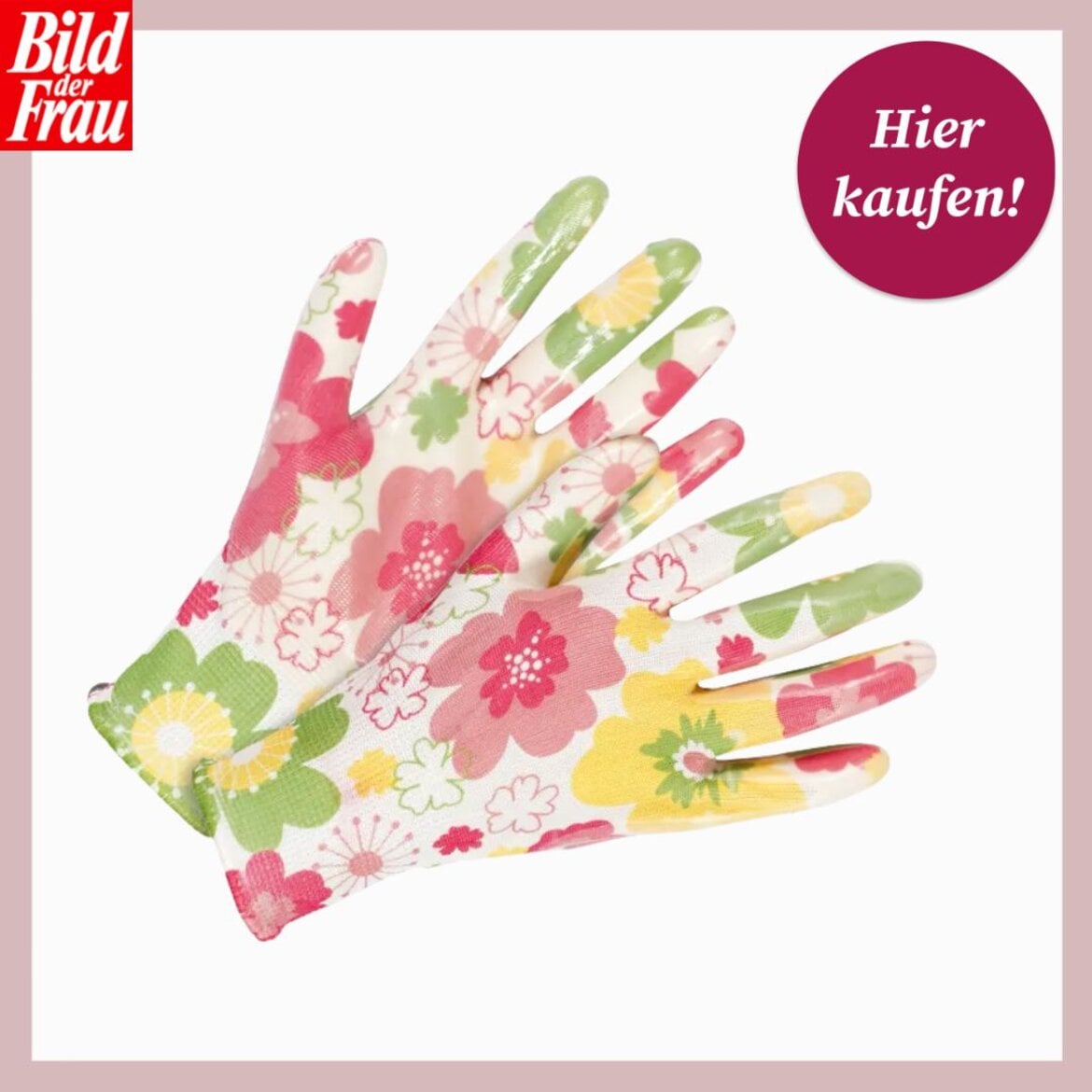 Ein Paar dünne Gartenhandschuhe mit buntem Blumenmuster in Rosa, Gelb, Grün und Weiß auf weißem Hintergrund. | © OBI