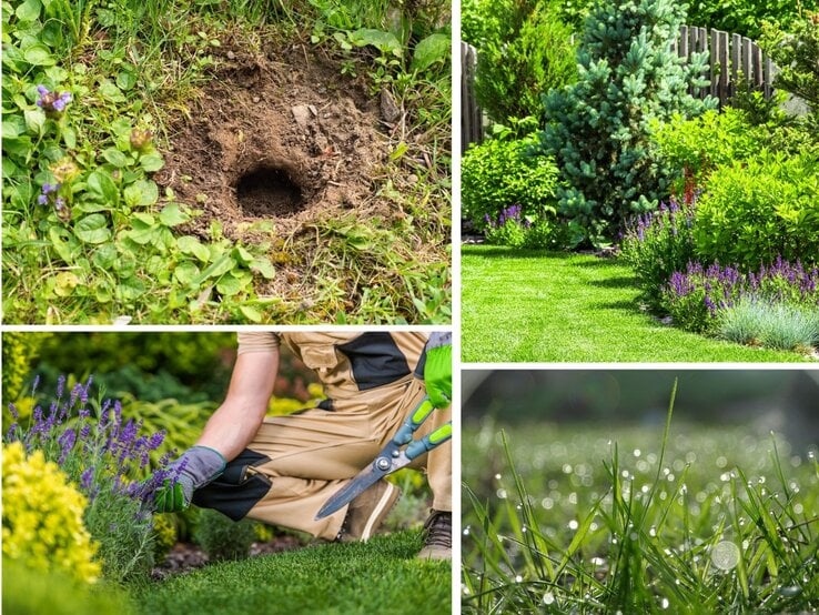 Bildcollage zeigt Erdloch im Gras, gepflegten Garten mit Blumenbeeten, Gärtner beim Zuschneiden von Lavendel und taufeuchtes Gras.