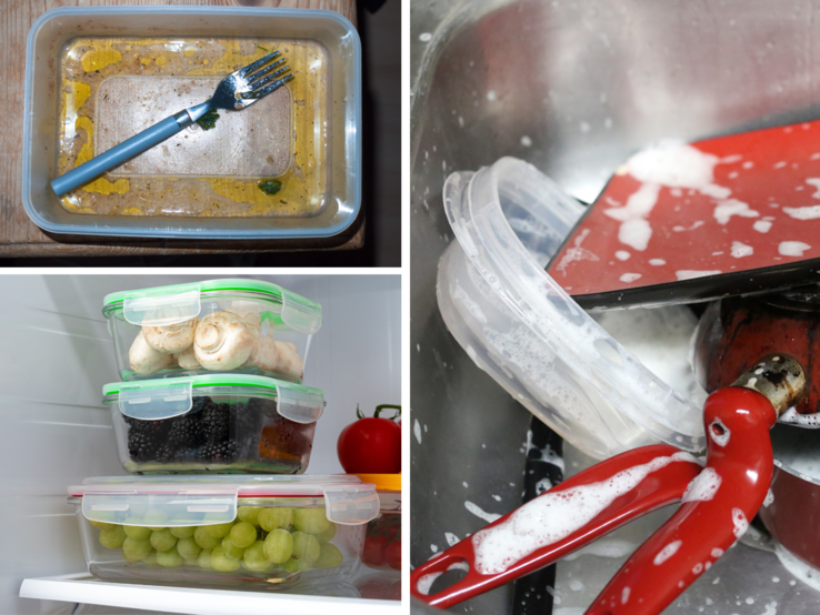 Eine leere Plastikdose mit gelben Speiseresten und einer Gabel liegt auf einem Holztisch, daneben verschlossene Behälter im Kühlschrank.