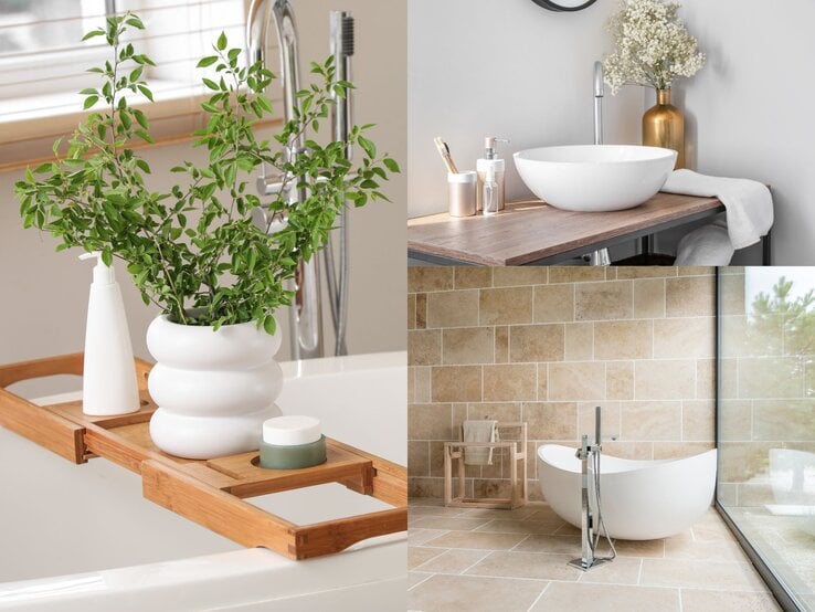 Ein weißer Keramikvasen mit grünen Zweigen, eine Seifenspenderflasche und ein Cremetiegel stehen auf einem Bambustablett über der Badewanne.