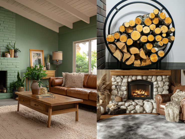 Gemütliches Wohnzimmer mit Ledercouch, Kaminfeuer, Steinwand, Zimmerpflanzen, Holztisch und dekorativ gestapeltem Kaminholz im Kaminholzregal.