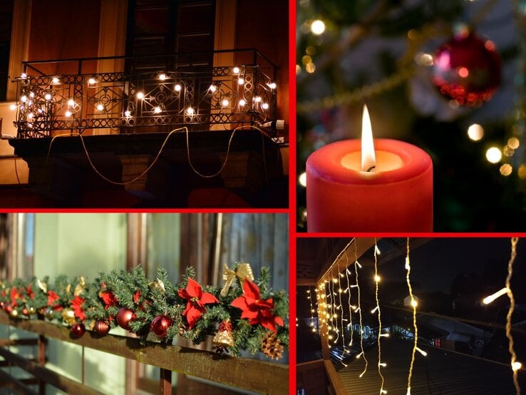 Collage mit beleuchtetem Balkon, roter Kerze, Weihnachtsbaumkugeln und Lichterketten bei Nacht, festlich dekoriert.
