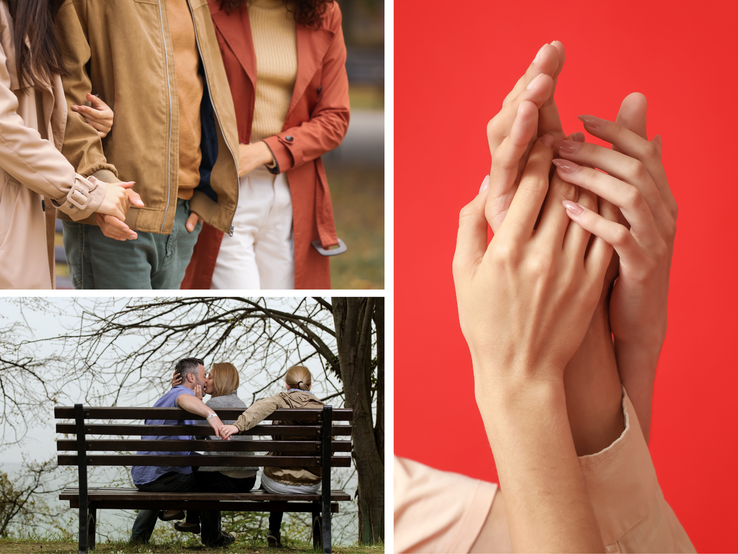 Emotionale Collage aus drei Szenen: Nähe unter Freunden, zärtlich berührte Hände und ein Liebespaar mit stiller Begleiterin.