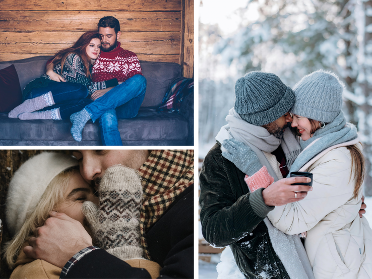 Eine Collage zeigt zärtliche Umarmungen: Paare in Strickpullis, Mützen und Schals genießen Nähe und Winterromantik.