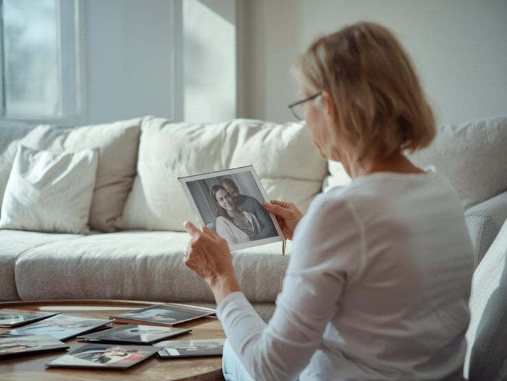 Eine ältere Frau mit blonden Haaren und Brille sitzt nachdenklich auf einem Sofa und betrachtet ein Foto in einem hellen Wohnzimmer.