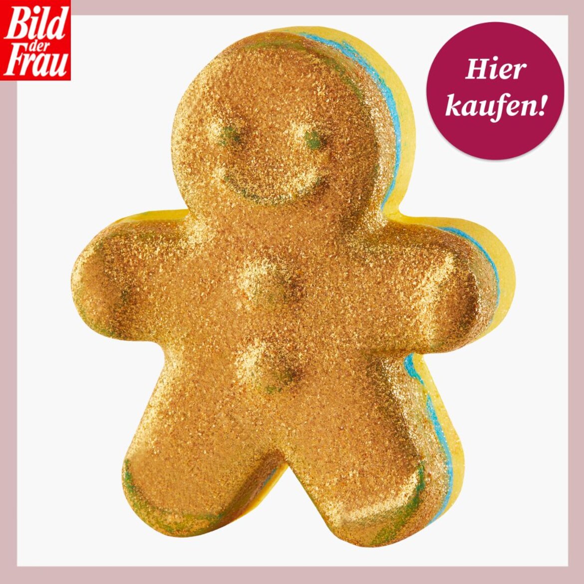 Eine in Form eines Lebkuchenmännchens geformte Badebombe wird auf weißem Hintergrund mit Kaumfempfehlung von BILD der FRAU präsentiert. | © Lush