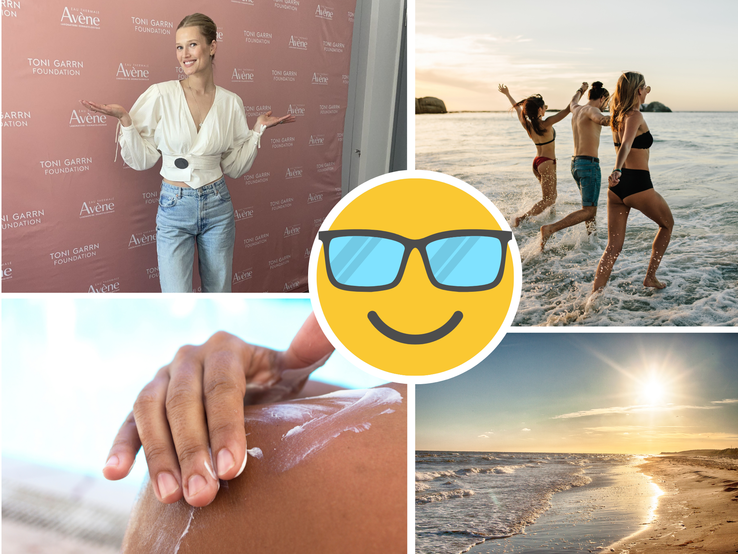 Toni Garrn mit Dutt und weißer Bluse posiert lachend vor rosa Fotowand, daneben Strandbilder mit Sonnencreme und badenden Menschen.