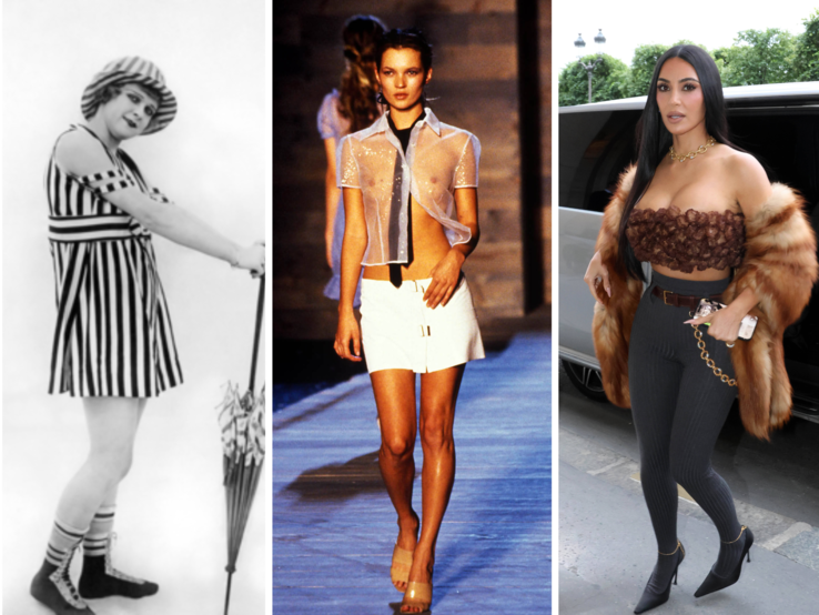  Drei Frauen in Bade-, Laufsteg- und Streetwear-Outfits aus verschiedenen Epochen posieren nebeneinander im direkten Stilvergleich.