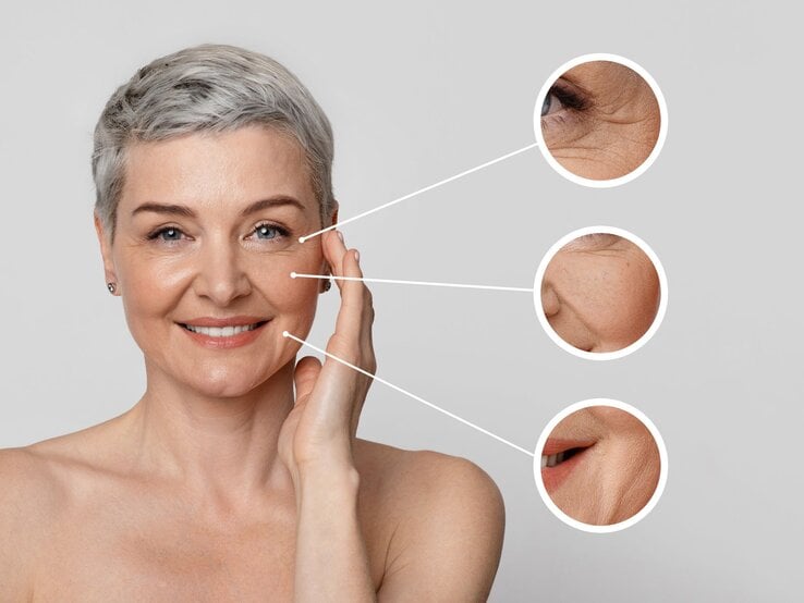 Porträt einer Frau mit vergrößerten Faltenzonen auf hellem Hintergrund