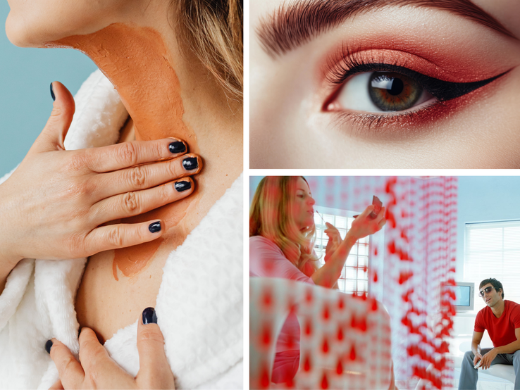 Collage mit roter Tonerdemaske auf Hals, geschminktem Auge mit Eyeliner und Frau beim Schminken vor Perlenvorhang mit Mann im Hintergrund.