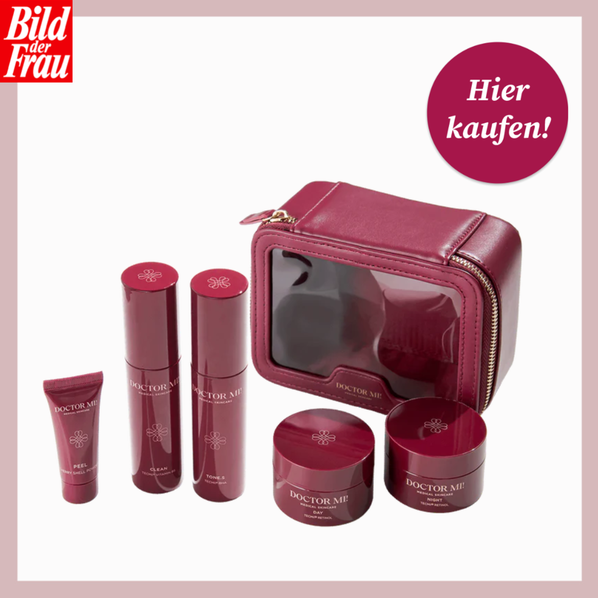 Edles Pflege-Set mit Cremes und Seren von Doctor Mi in weinroten Verpackungen samt passender Beauty-Bag mit Reißverschluss. | © doctormi/Canva/Collage:bildderfrau.de