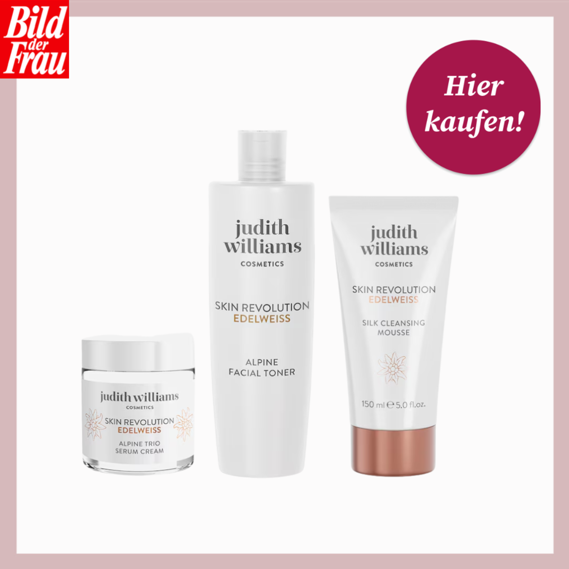 Drei weiße Kosmetikprodukte der Judith-Williams-Linie „Edelweiss“ stehen vor hellem Hintergrund nebeneinander. | © Douglas/Canva/Collage:bildderfrau.de