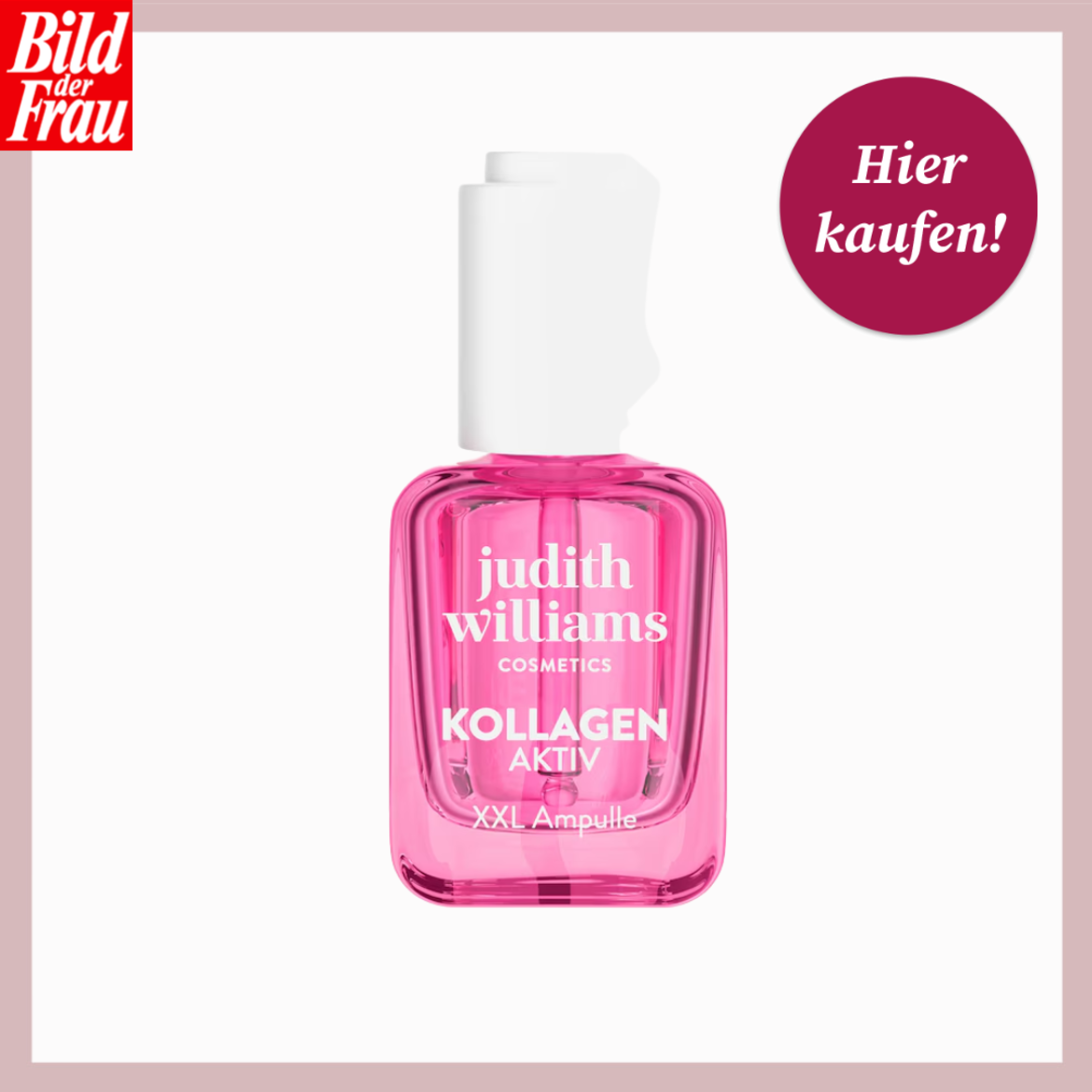 Pinke Ampulle mit weißem Verschluss von Judith Williams Cosmetics mit der Aufschrift „Kollagen Aktiv XXL Ampulle | © Douglas/Canva/Collage:bildderfrau.de