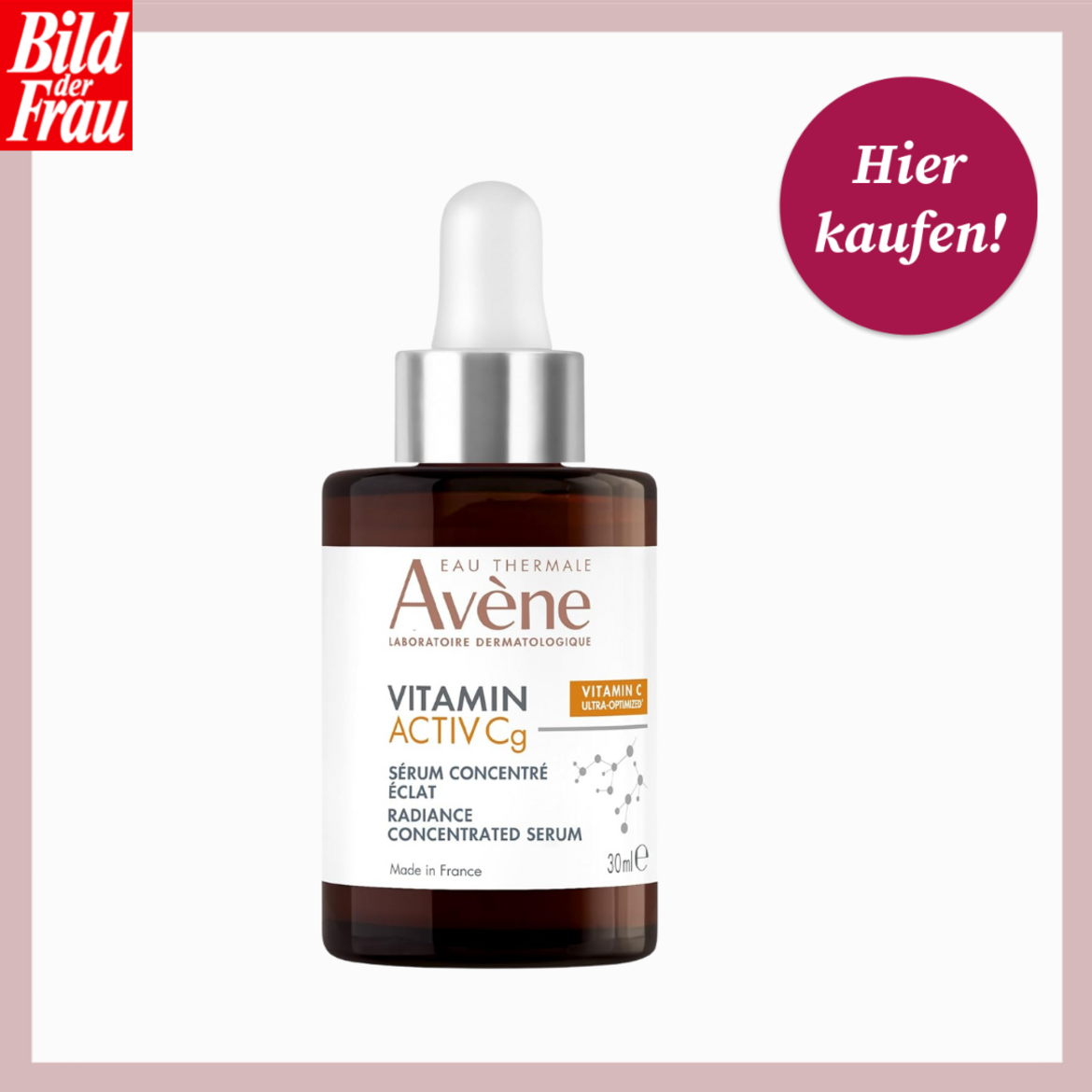 Braunes Glasfläschchen mit Pipette und weißem Etikett des Avène Vitamin C Serums steht vor weißem Hintergrund. | © Amazon/Canva/Collage:bildderfrau.de