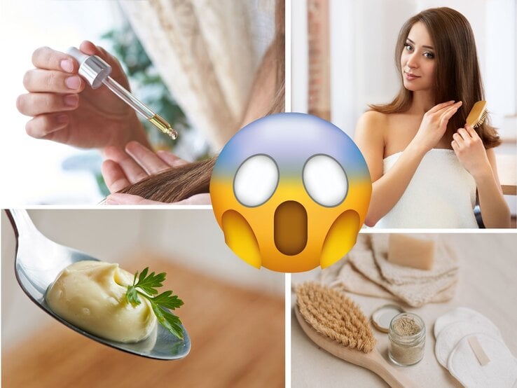 Pflegeroutine für glänzendes Haar: Öl, Hausmittel, Bürste und Frau im Handtuch, ergänzt durch ein erstauntes Emoji.