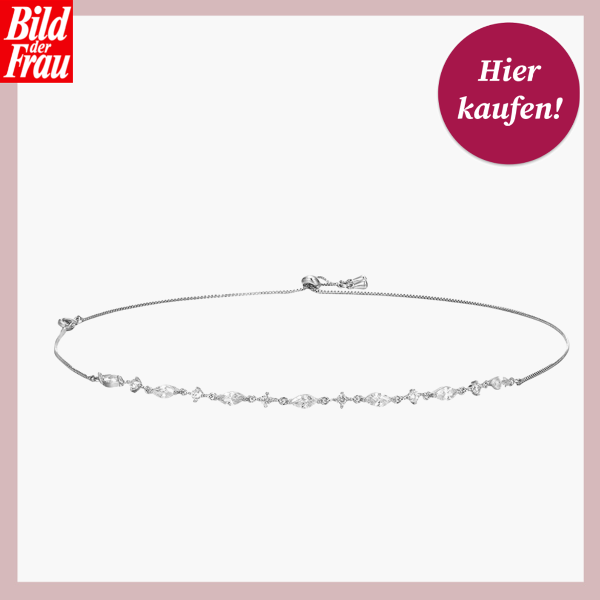 Feingliedrige Halskette, besetzt mit klaren Kristallen, präsentiert auf einer schlichten weißen Oberfläche. | © Douglas