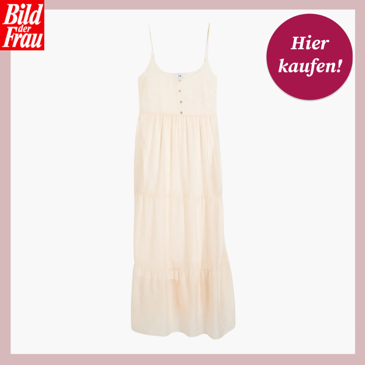 Werbebild von einem cremefarbenen Kleid. Das Kleid ist lang und hat dünne Träger. | © C&A