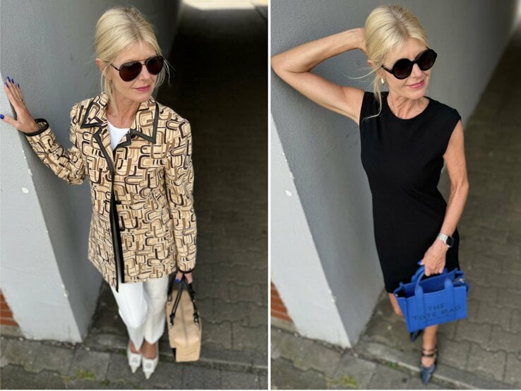 Collage mit zwei Fotos einer Frau, die in unterschiedlichen Outfits posiert. Auf dem linken Bild trägt sie eine gemusterte Jacke in Beige- und Brauntönen, eine weiße Hose, weiße Schuhe und hält eine beigefarbene Tasche. Auf dem rechten Bild trägt sie ein schlichtes schwarzes Kleid und schwarze Schuhe, dazu eine blaue Tasche. | © Renate Zott