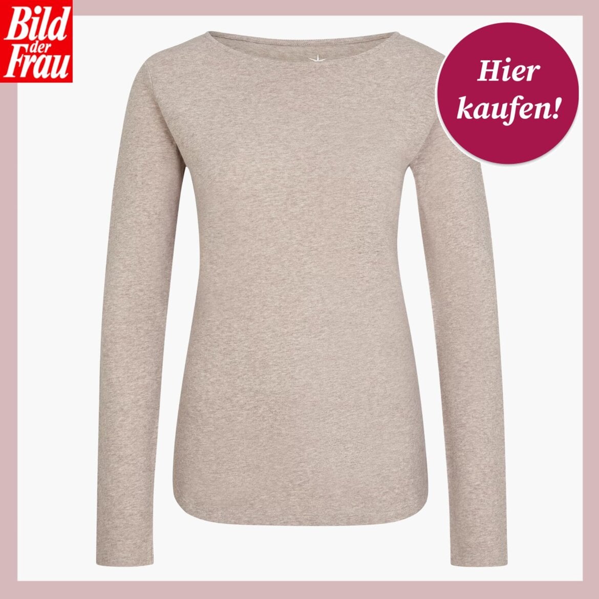 Ein eleganter beiger Kaschmir-Sweater auf weißem Hintergrund, mit einem „BILD der FRAU“-Symbol oben links und einem „Hier kaufen“-Button oben rechts. | © Juvia