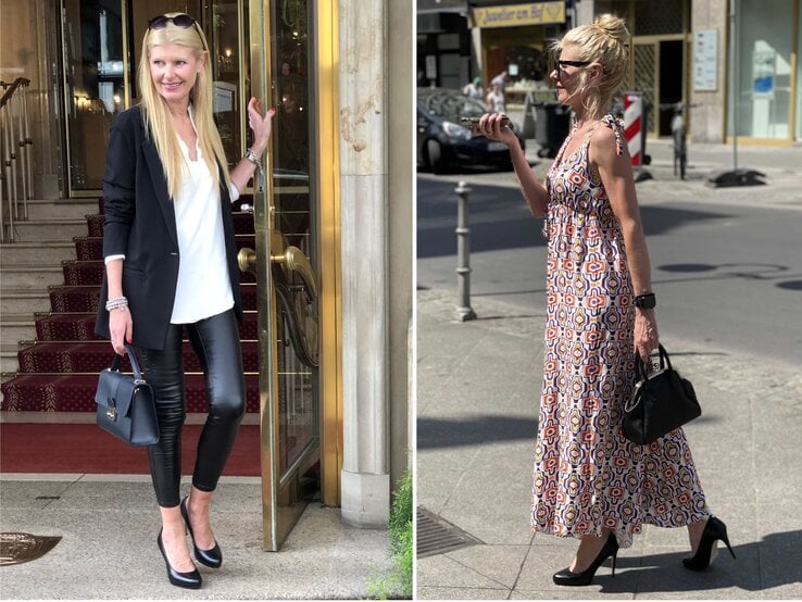 Collage: Zwei modische Outfits zeigen stilvolle Kontraste: Business-Look mit Tasche links, luftiges Retro-Maxikleid im Straßenbild rechts.