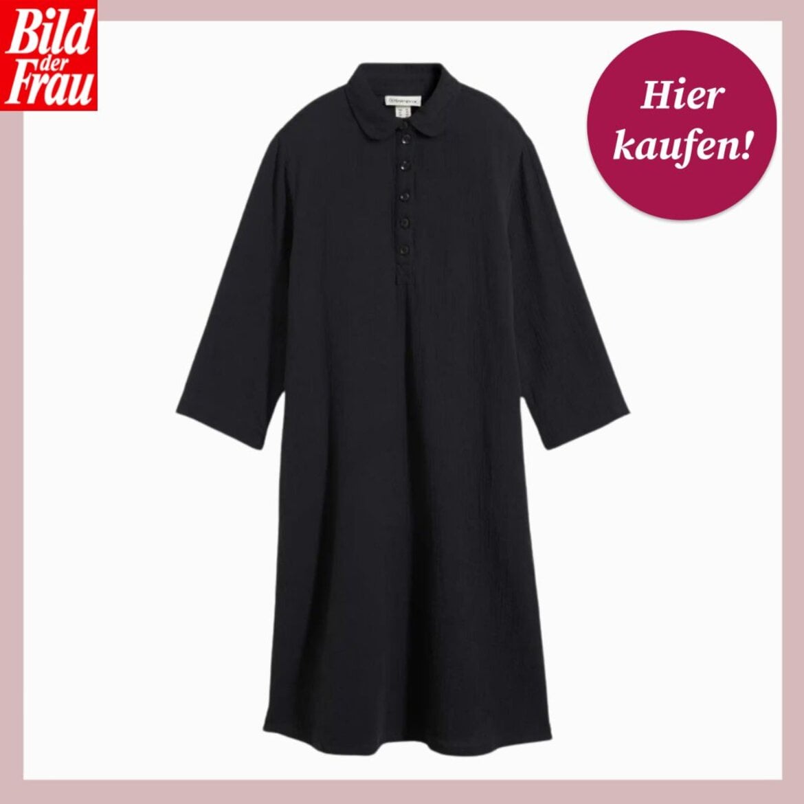 Schwarzes, knielanges Hemdkleid mit 3/4-Ärmeln, Kragen und kurzer Knopfleiste, schlicht auf hellem Hintergrund präsentiert. | © Bonprix/ Collage: bildderfrau.de