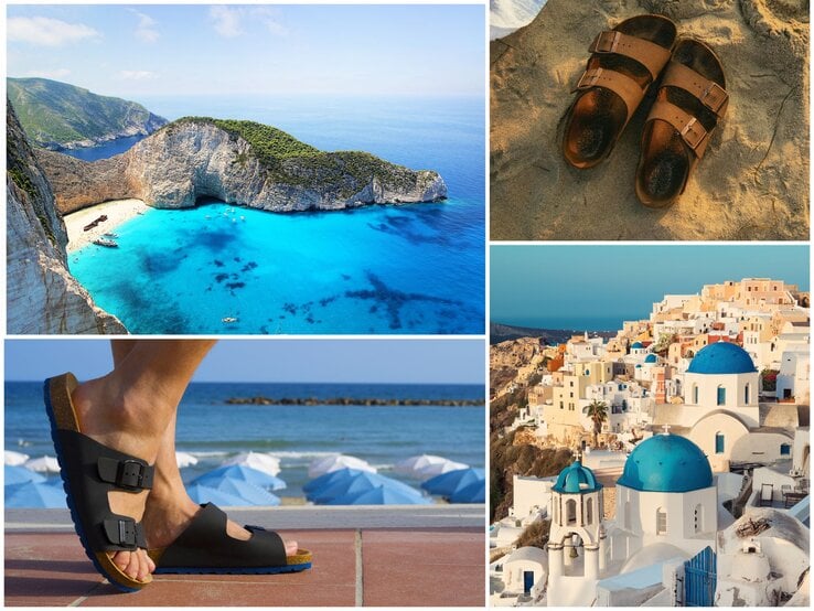 Collage mit türkisblauer Meeresbucht, Sandalen im warmen Sand, einem Fuß in schwarzen Riemensandalen am Strand und griechischen Kuppeldächern.