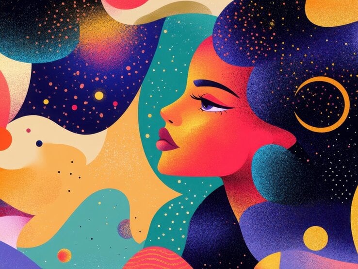 Farbintensive, abstrakte Illustration eines Frauenprofils vor einem kosmisch inspirierten Hintergrund mit Sternen, Planeten, Monden und fließenden Formen in kräftigen Farben wie Orange, Violett, Türkis und Gold. Die Darstellung vereint weibliche Stärke mit astrologischer Symbolik in einem träumerisch-galaktischen Stil.