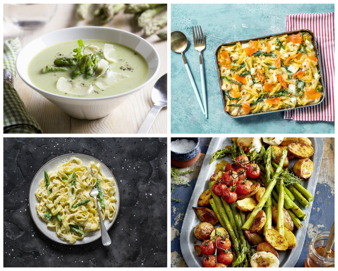 Collage aus mehreren Gerichten mit grünem Spargel