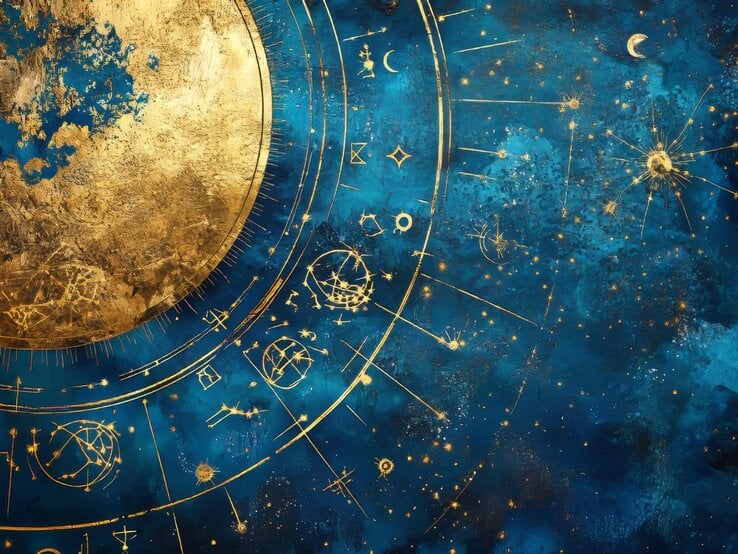 Abstrakte Darstellung eines astrologischen Sternenhimmels in Blau und Gold mit astrologischen Symbolen und Aspekten, inspiriert von einem Horoskop-Rad.