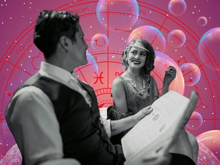 Ein stilisiertes, farbenfrohes Bild zeigt ein Paar im Vintage-Look der 1920er Jahre. Die Frau trägt ein Flapperkleid mit Perlenkette und Stirnband, der Mann ein Hemd mit Weste. Beide lächeln sich an, während der Mann eine Zeitung hält. Im Hintergrund befindet sich ein astrologisches Tierkreisdiagramm mit den Sternzeichen, umgeben von schimmernden Seifenblasen auf einem violett-pinken Sternenhimmel. Das Sternzeichen Fische ist zentral hervorgehoben. Das Bild kombiniert Retroästhetik mit mystischen, astrologischen Elementen.