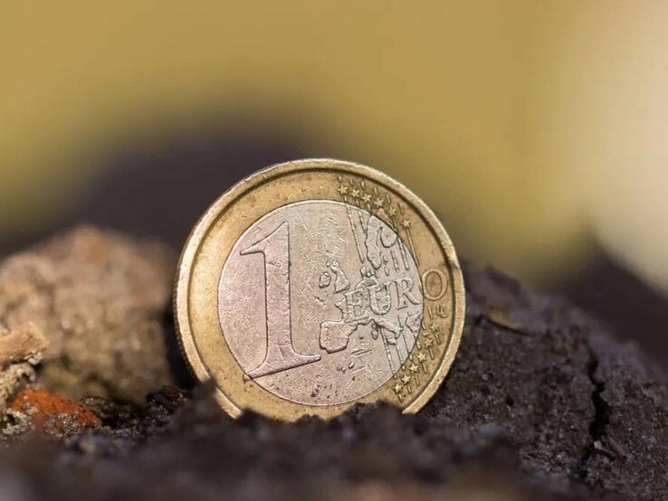 Ein Euro liegt auf der Erde in Nahaufnahme. 