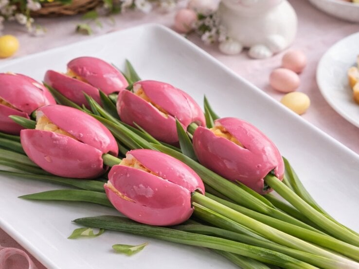 Die Tulpen-Eier mit Frühlingslauch auf einem weißen rechteckigen Teller mit viel Osterdeko drumherum.